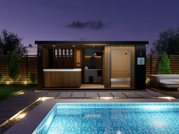 Gece ışıklandırmasıyla öne çıkan sauna, spa ve havuz alanı.