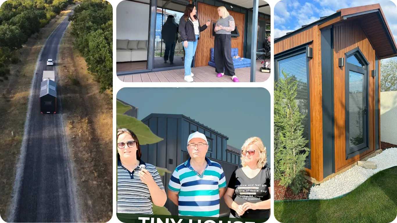Taşınabilir tiny house yolda teslimat, müşteri deneyimi, modern ahşap dış cepheli küçük ev – Hibrit House üretim ve yaşam çözümleri