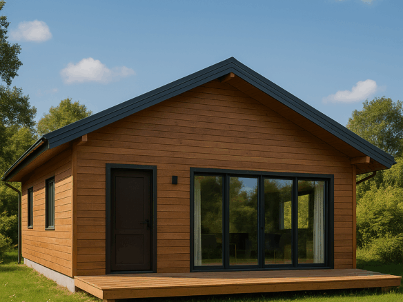 Modern bungalov ev tasarımı, ahşap kaplama ve geniş cam detaylarla estetik dış cephe görünümü – Hibrit House