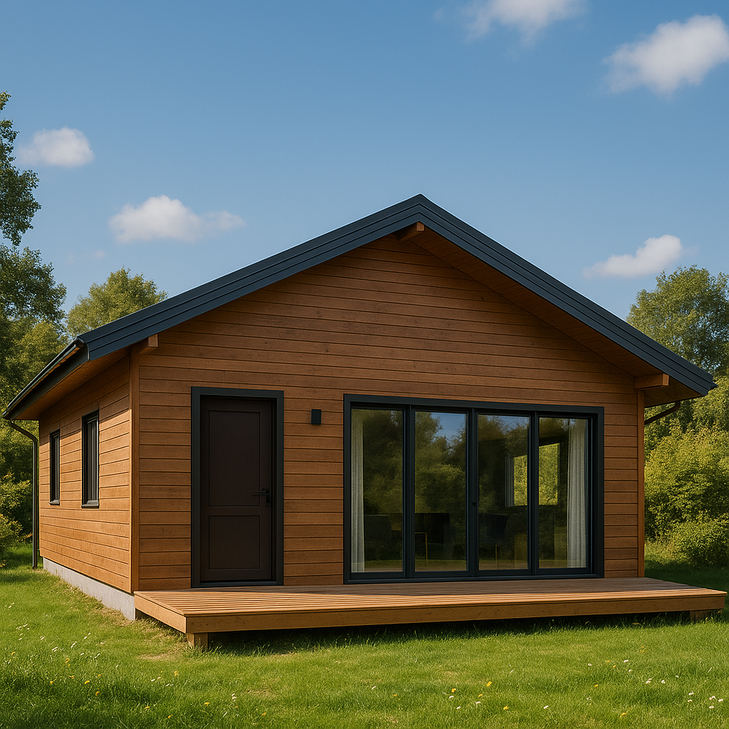 Modern bungalov ev tasarımı, ahşap kaplama ve geniş cam detaylarla estetik dış cephe görünümü – Hibrit House