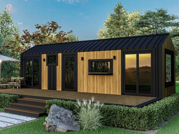 Coorie 9 metre tek katlı modern tiny house – siyah çelik çatılı, ahşap cephe kaplamalı geniş teraslı mobil ev.