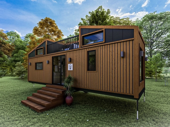 Kompozit ahşap kaplamalı, galvaniz hafif çelik taşıyıcı sistemli 9 m Harmony Tiny House’un ön-yan cephe görünümü.