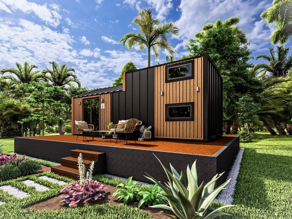 Modern siyah ve doğal ahşap kaplama Hygge 8M – her mevsim kullanılabilen taşınabilir modüler ev.