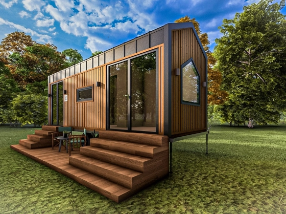 Galvaniz kenet sac ve kompozit ahşap kaplamalı Lagom 7 m mobil tiny house, yan cephe pencere detayı.
