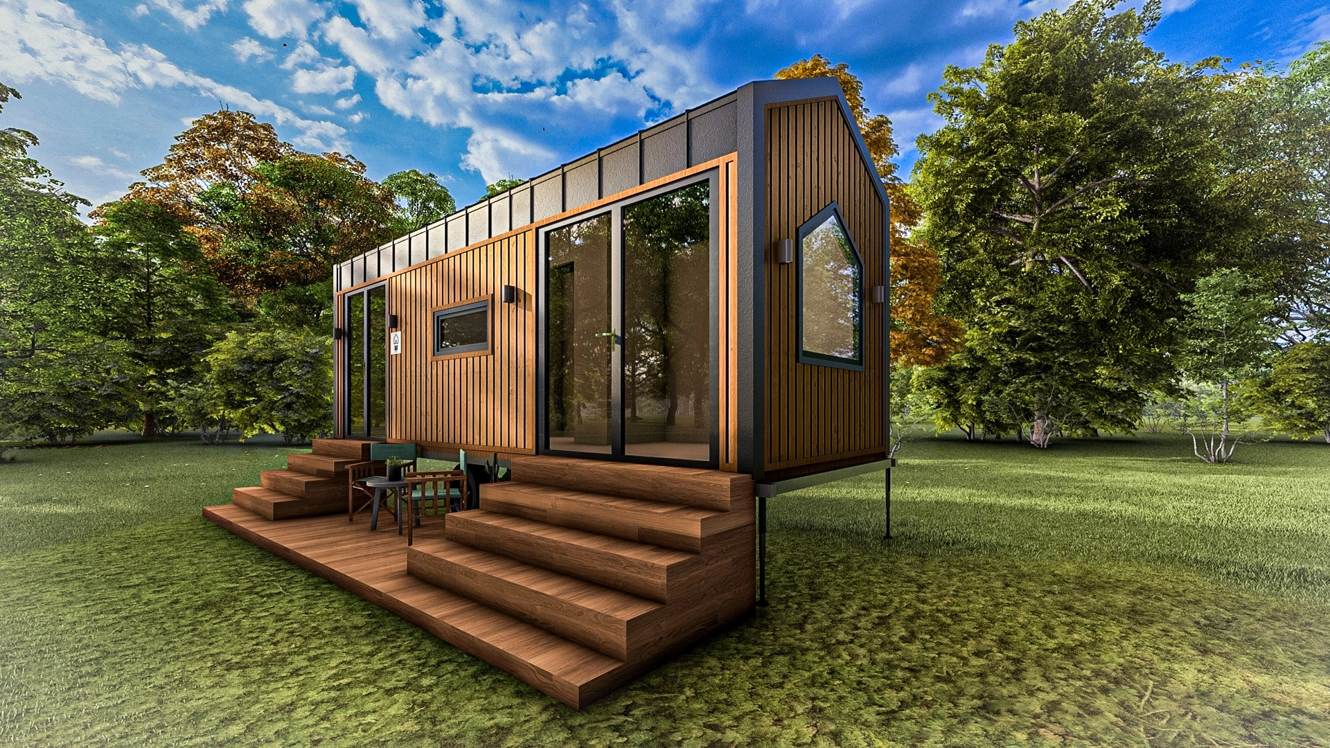 Galvaniz kenet sac ve kompozit ahşap kaplamalı Lagom 7 m mobil tiny house, yan cephe pencere detayı.