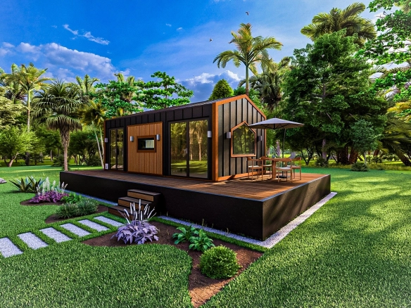 Lagom 7 metre tekerleksiz tiny house – modern tasarım, kompozit ahşap ve galvaniz kenet sac kaplama, geniş teraslı modüler ev.