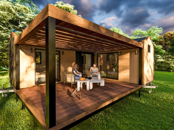 Natura L tiny house yan cephe, siyah kenet sac ve ahşap yüzey detayı