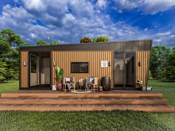 Trakya Tekirdağ bölgesinde konumlanan Pitch Black 7 metre tek katlı 1+1 ruhsatlı römorklu tiny house’un ön köşe görünümü.