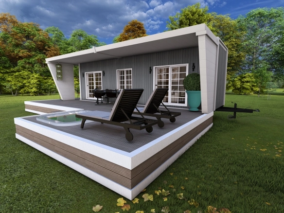 Tiny house yan cephesi, şezlonglar ve mini havuzlu geniş teras