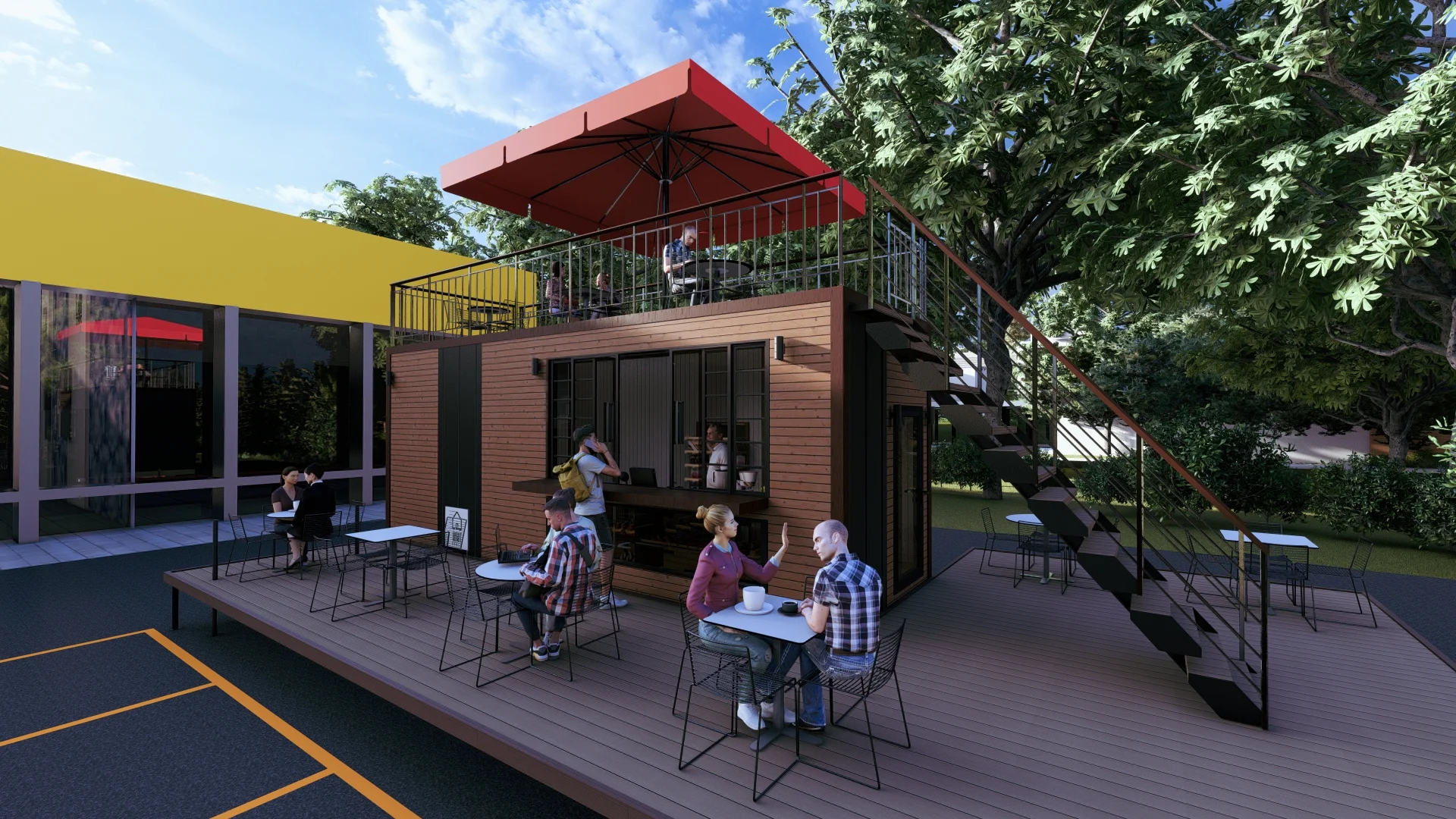 Tiny house kafe ön cephe ve müşteri oturma alanı.