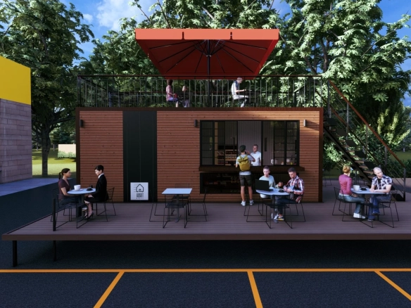 Teraslı tiny house kafe modülü, dış mekan oturma alanı ile modern tasarım.